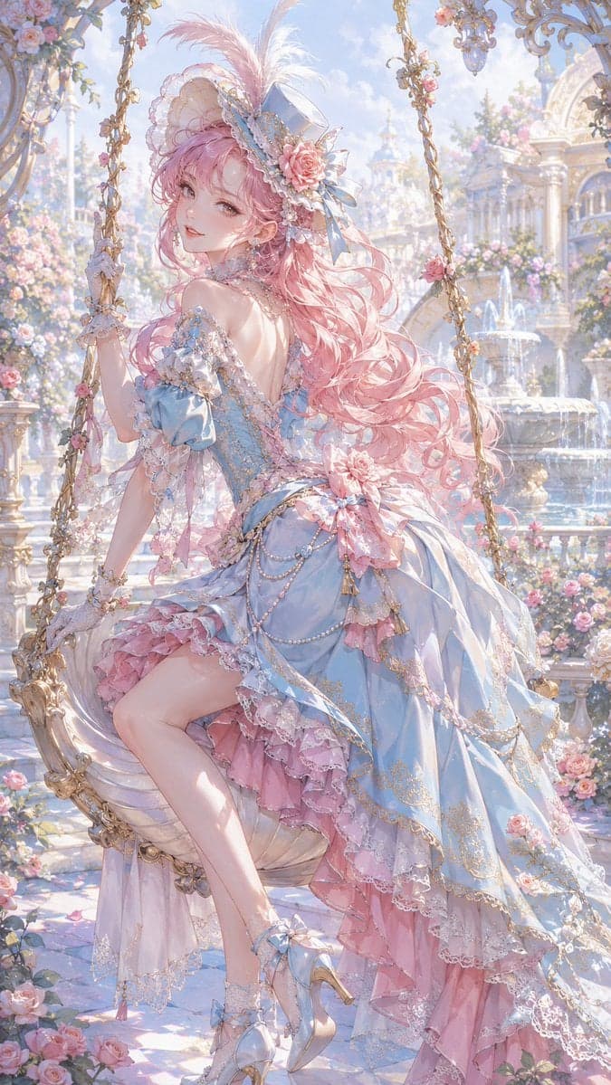洛可可粉彩宫廷插画
原创成年二次元宫廷风偶像角色,粉金卷发,淡蓝与玫瑰粉礼服,羽毛小帽与珍珠短手套,神情轻快狡黠,坐在