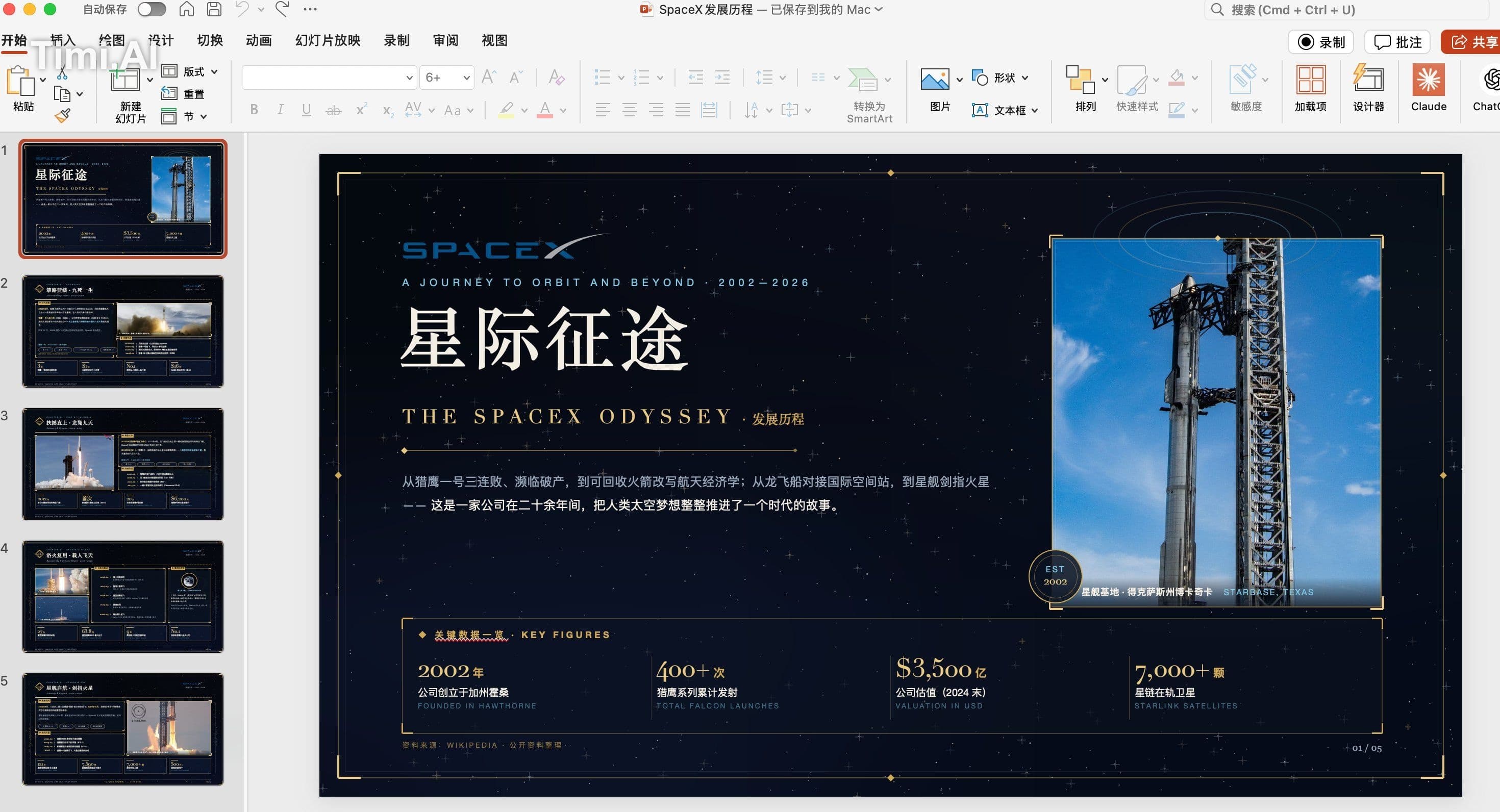 不要使用任何技能,做一个16:9比例的PPTX文档,内容为SpaceX的发展历程,5页。要求内容丰富、排版复杂豪华精美,