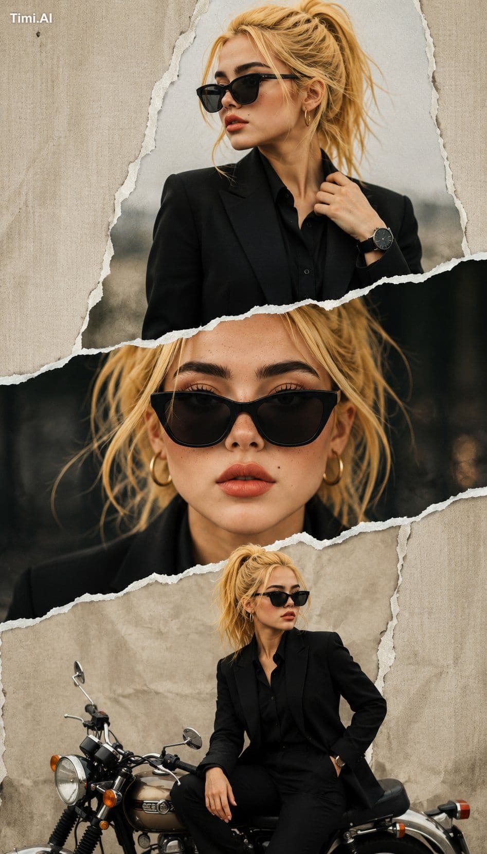Create a premium cinematic torn-paper collage featuring the