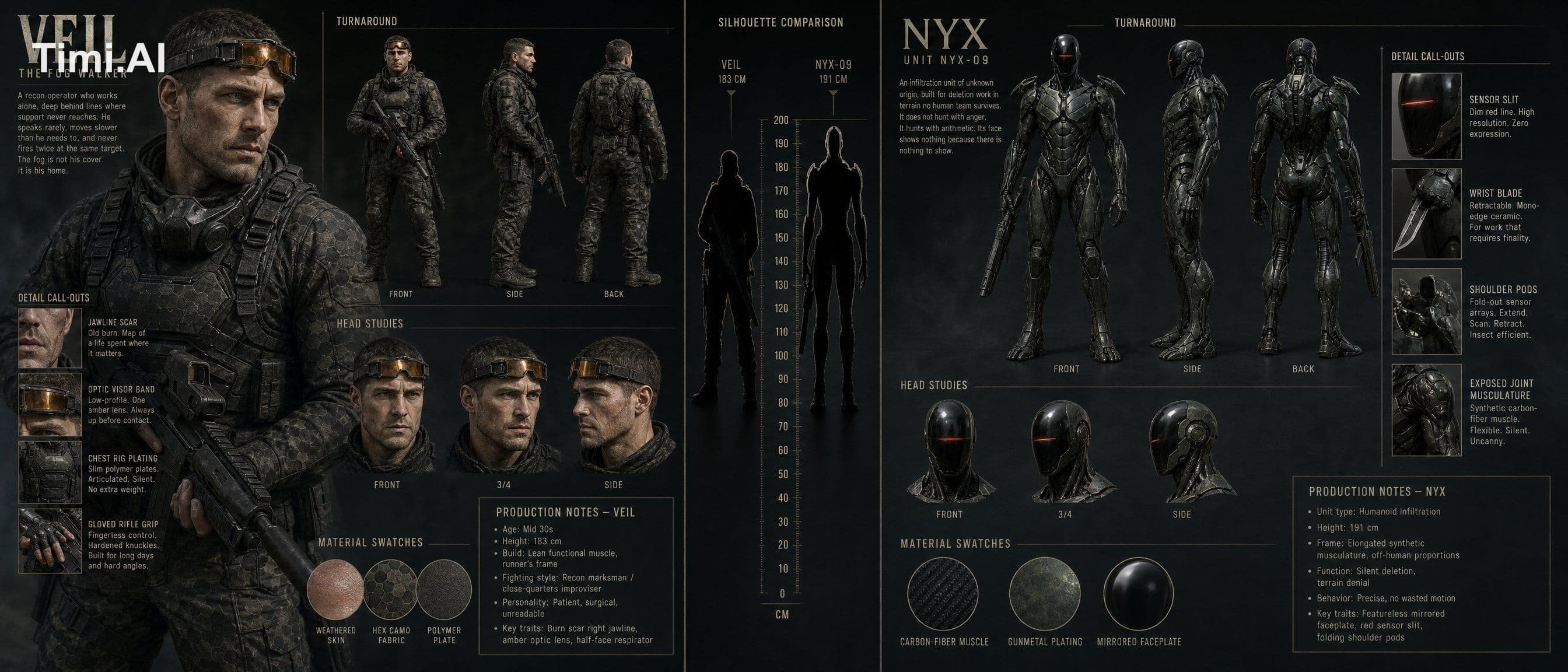 Create a cinematic realistic dual-character design board for