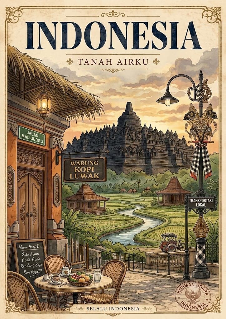 A vintage travel poster-style illustration of [Country Place