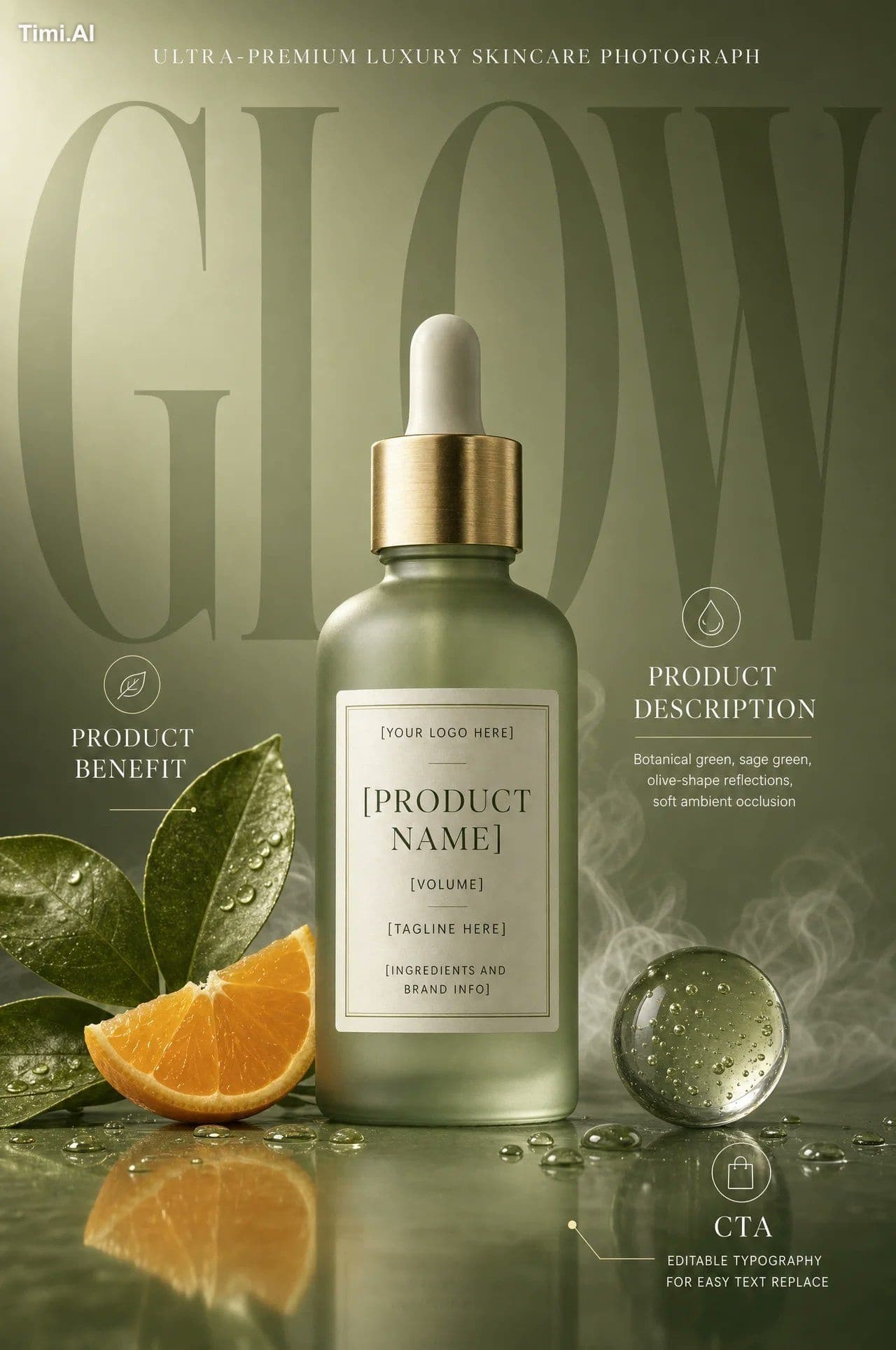 A frosted sage-green glass dropper serum bottle with a brush