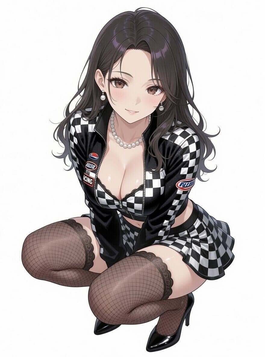 A stylish motorsport-inspired race queen outfit featuring a
