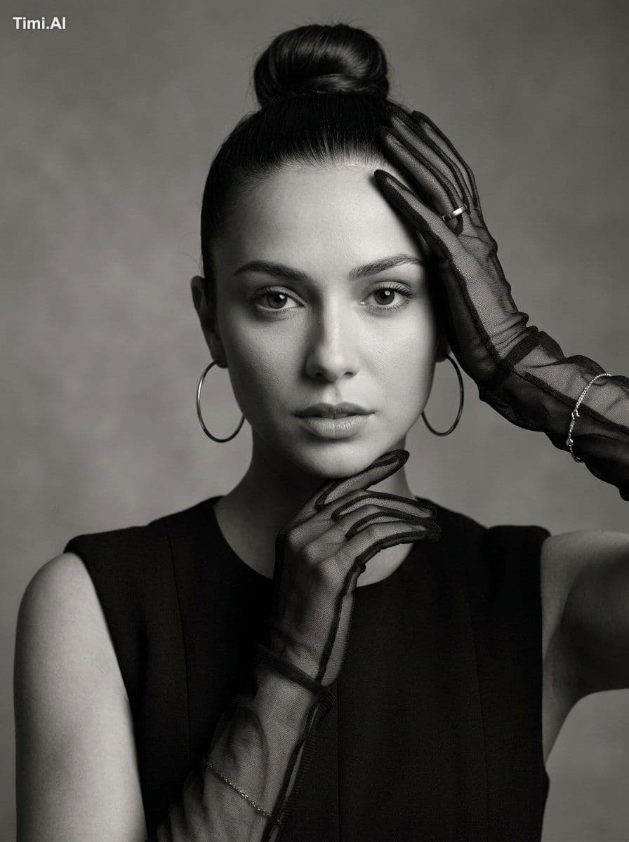 black-and-white editorial portrait, lighting, and pose — ele