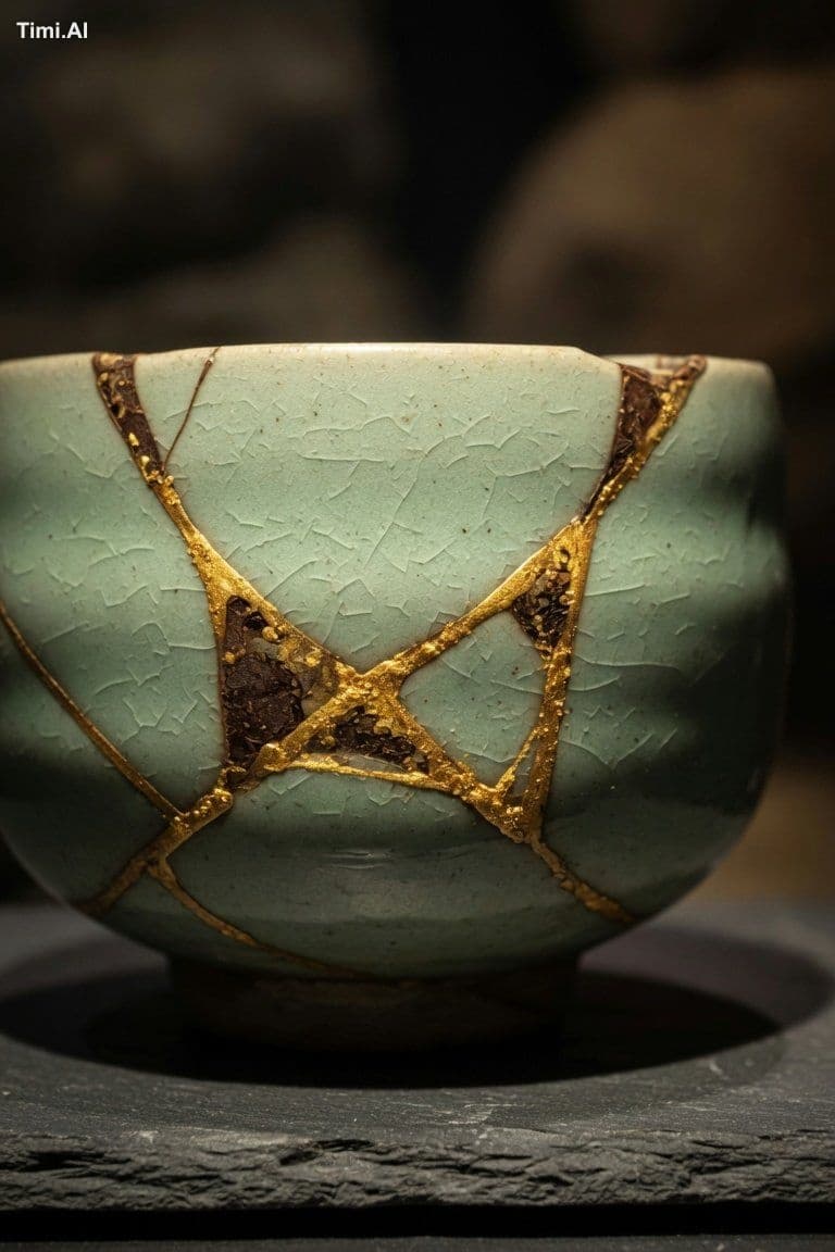 Close-up of kintsugi repaired Japanese tea bowl on dark slat