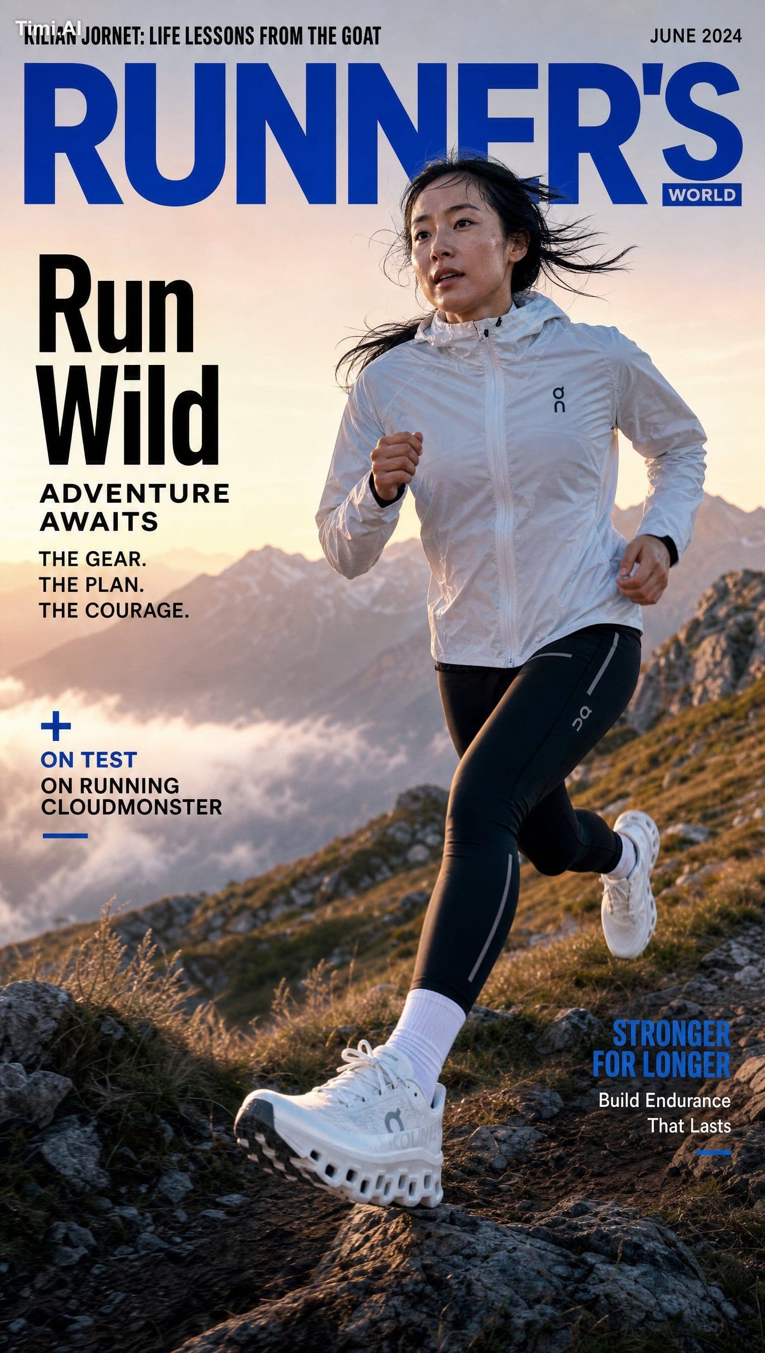 Ultra-realistic running campaign magazine cover featuring an