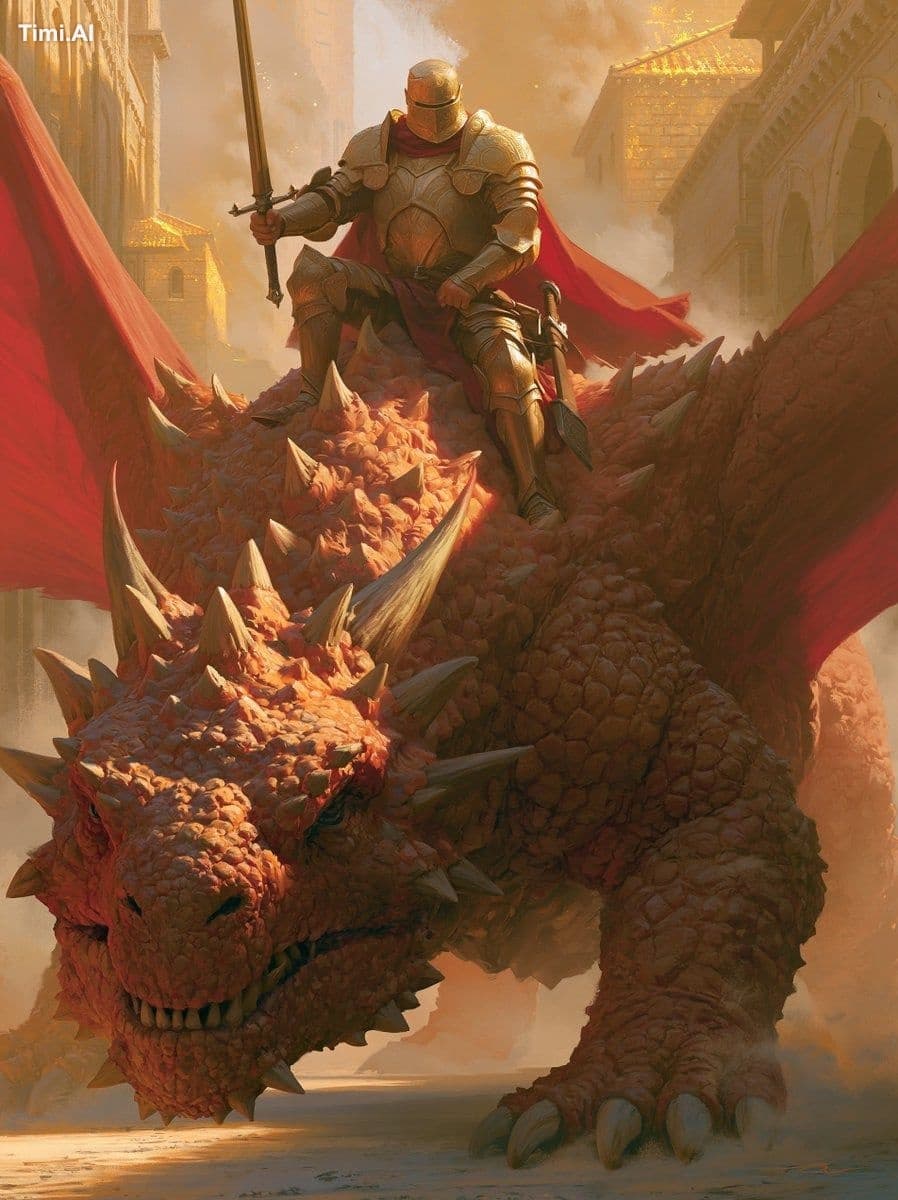 A digital fantasy painting of a knight in ornate, gold toned
