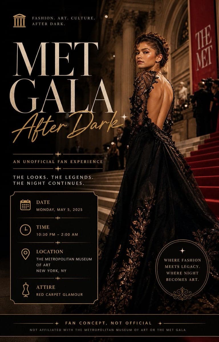 Create a luxury event poster for an unofficial "Met Gala Aft