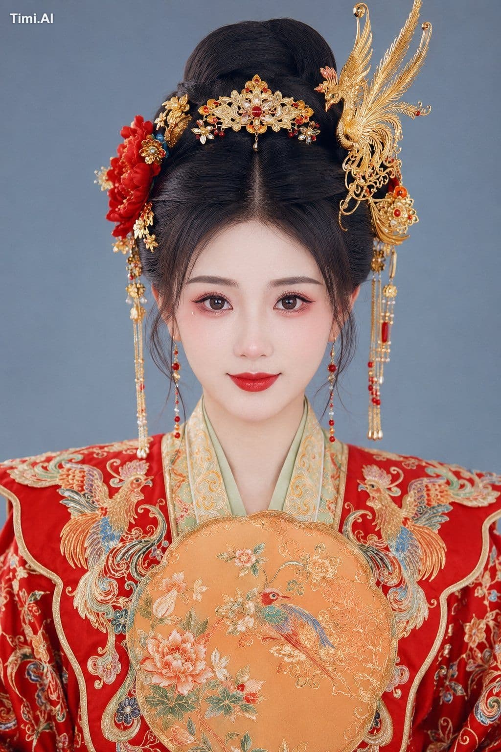 一张竖版真人摄影古风妆造肖像,主体为一位成年东亚女性,呈现华贵端艳、仪式感强、古典婚服美人的整体气质。画面风格不是插画,