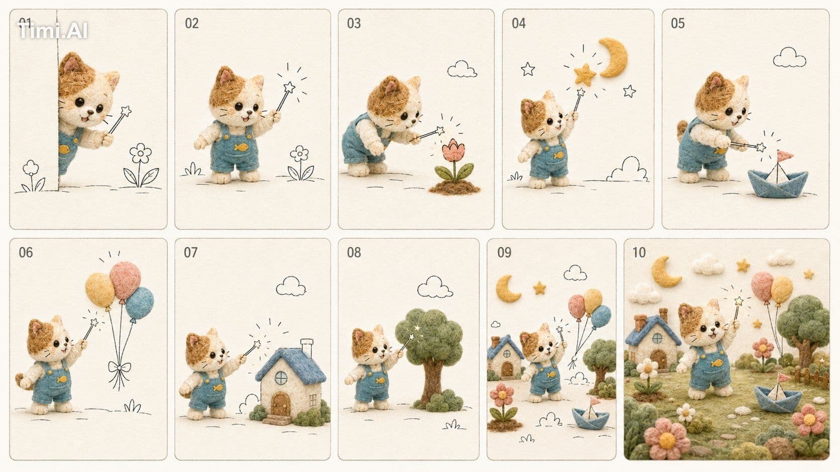 0-1秒|黑白世界,小猫出现
画面:
米白色纸张背景。
整个世界只有黑色线条:
简单的草地线稿
两朵小花线稿
一