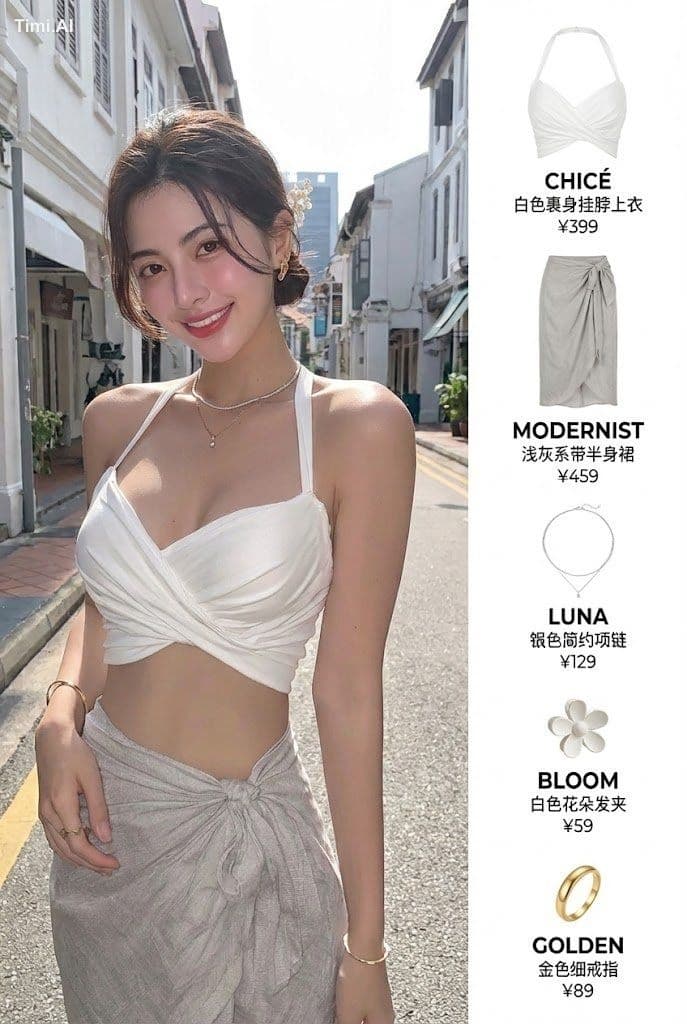 Create an OOTD collage image.价格你随便填
【构图要求】
- 左侧放置全身或半身照片的主角