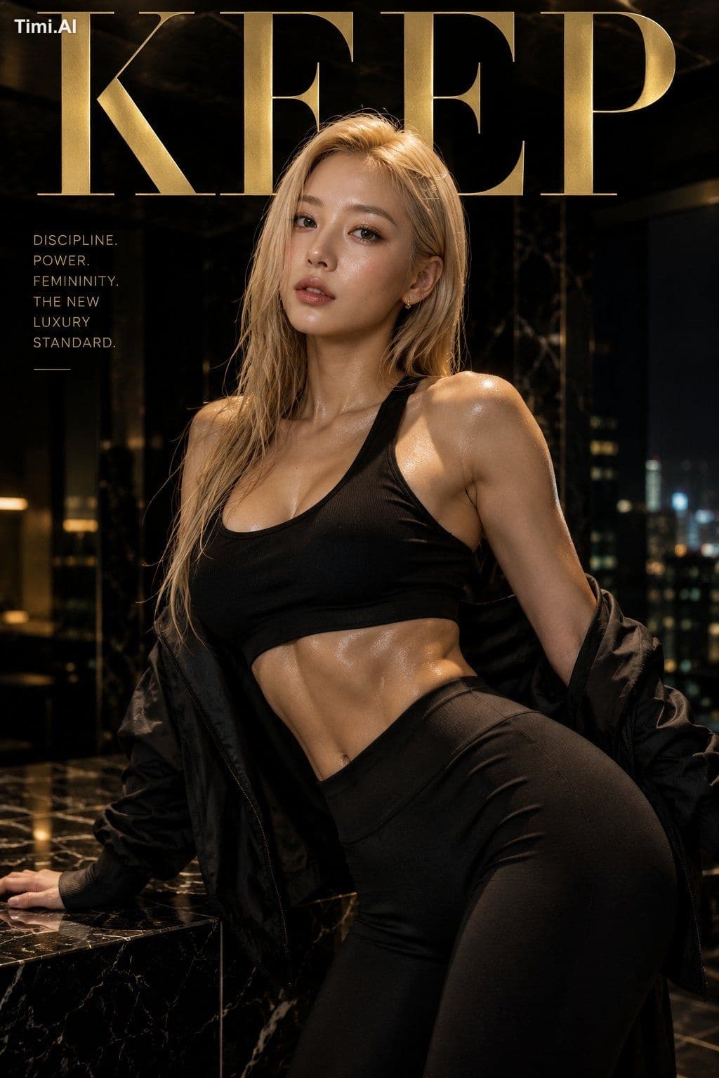 Ultra luxury cinematic fitness editorial poster,
single-imag